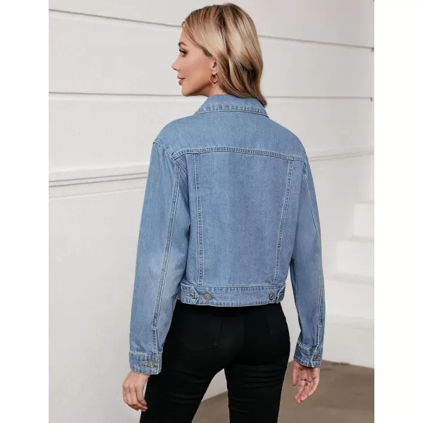 luvamia Denim Jacket for Women Cargo Pocket Lightweight Cropped Jean Jackets Oversized Trucker Shacket Trendy FashionMedium Blue