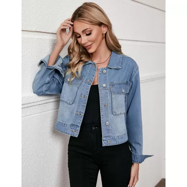 luvamia Denim Jacket for Women Cargo Pocket Lightweight Cropped Jean Jackets Oversized Trucker Shacket Trendy FashionMedium Blue