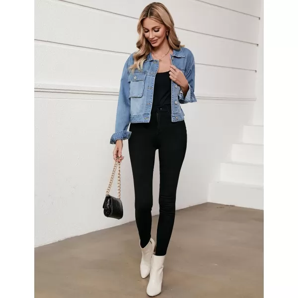 luvamia Denim Jacket for Women Cargo Pocket Lightweight Cropped Jean Jackets Oversized Trucker Shacket Trendy FashionMedium Blue