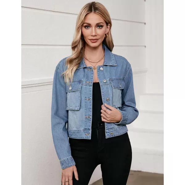 luvamia Denim Jacket for Women Cargo Pocket Lightweight Cropped Jean Jackets Oversized Trucker Shacket Trendy FashionMedium Blue