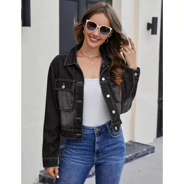 luvamia Denim Jacket for Women Cargo Pocket Lightweight Cropped Jean Jackets Oversized Trucker Shacket Trendy FashionWashed Black