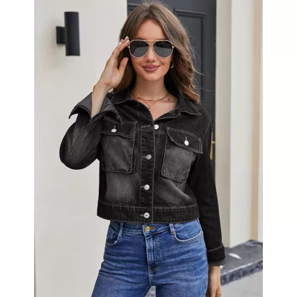luvamia Denim Jacket for Women Cargo Pocket Lightweight Cropped Jean Jackets Oversized Trucker Shacket Trendy FashionWashed Black
