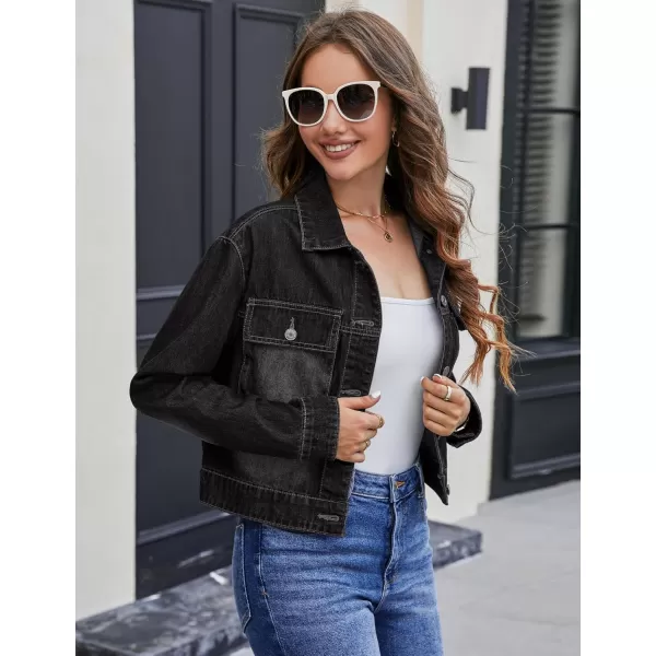 luvamia Denim Jacket for Women Cargo Pocket Lightweight Cropped Jean Jackets Oversized Trucker Shacket Trendy FashionWashed Black