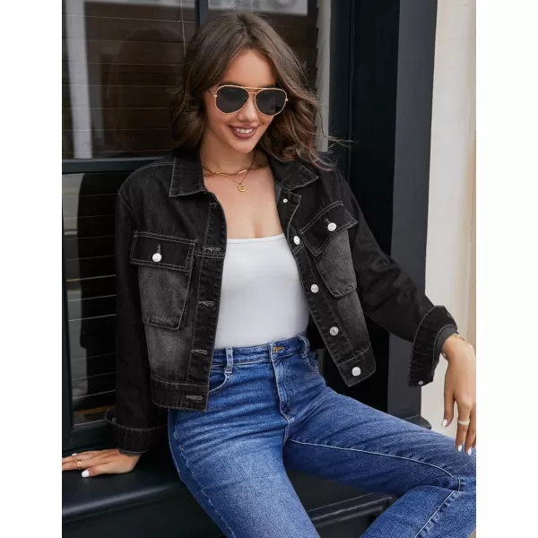 luvamia Denim Jacket for Women Cargo Pocket Lightweight Cropped Jean Jackets Oversized Trucker Shacket Trendy FashionWashed Black