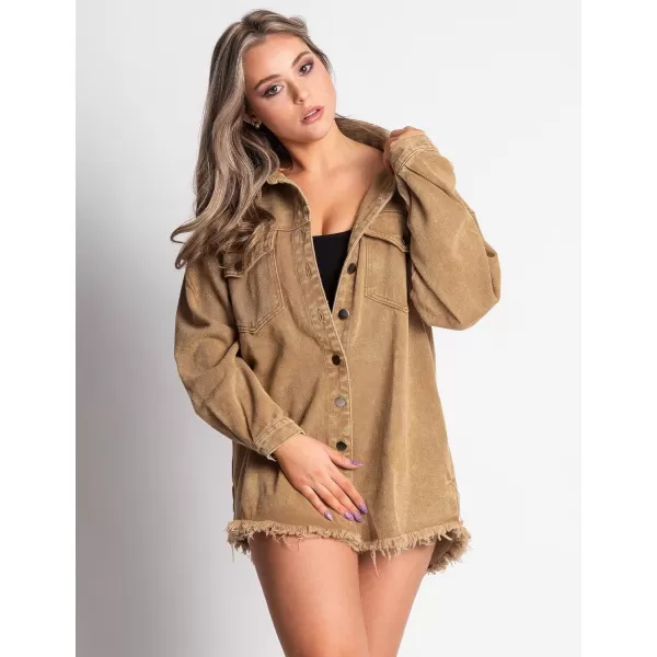 luvamia Denim Jacket for Women Oversized Button Down Casual Jean Shacket Jackets Long Sleeve Frayed Hem Western TrendyAlmond Brown