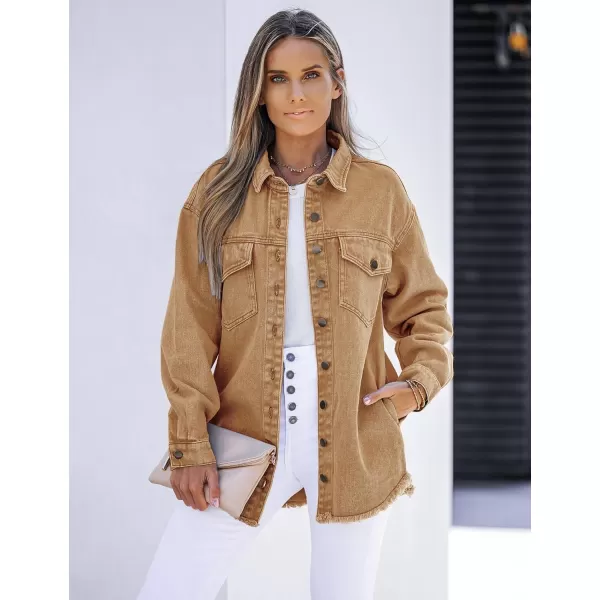 luvamia Denim Jacket for Women Oversized Button Down Casual Jean Shacket Jackets Long Sleeve Frayed Hem Western TrendyAlmond Brown