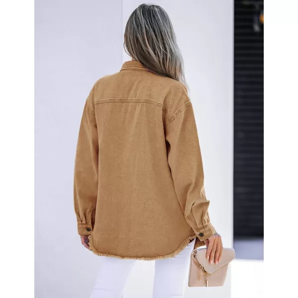 luvamia Denim Jacket for Women Oversized Button Down Casual Jean Shacket Jackets Long Sleeve Frayed Hem Western TrendyAlmond Brown