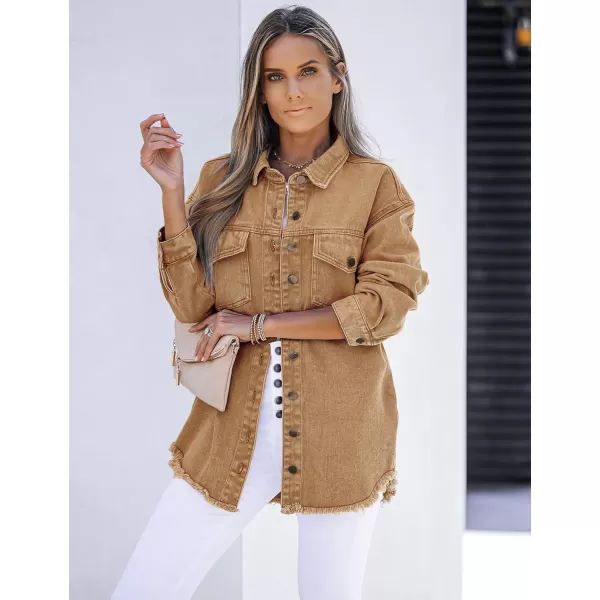 luvamia Denim Jacket for Women Oversized Button Down Casual Jean Shacket Jackets Long Sleeve Frayed Hem Western TrendyAlmond Brown