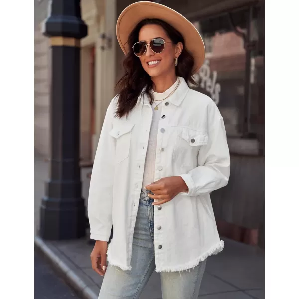 luvamia Denim Jacket for Women Oversized Button Down Casual Jean Shacket Jackets Long Sleeve Frayed Hem Western TrendyBrilliant White