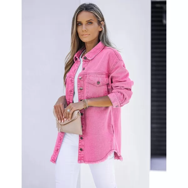 luvamia Denim Jacket for Women Oversized Button Down Casual Jean Shacket Jackets Long Sleeve Frayed Hem Western TrendyMagenta Pink