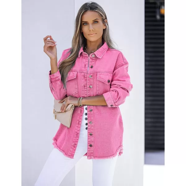 luvamia Denim Jacket for Women Oversized Button Down Casual Jean Shacket Jackets Long Sleeve Frayed Hem Western TrendyMagenta Pink