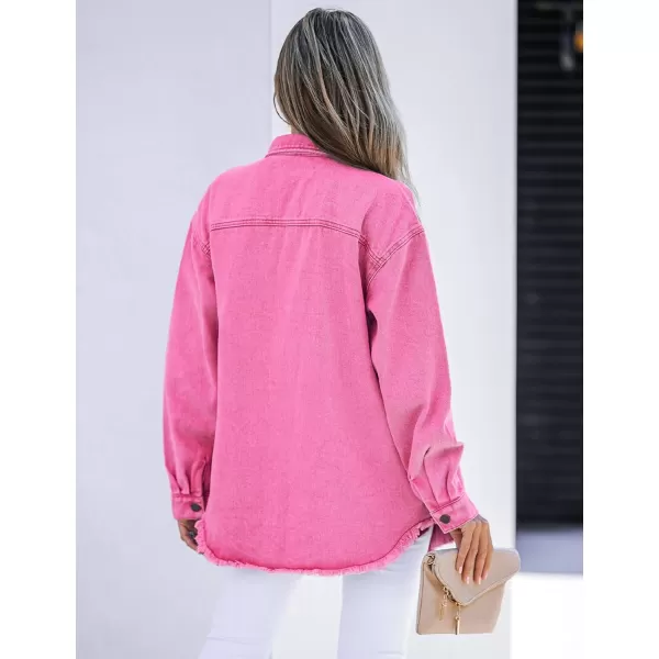 luvamia Denim Jacket for Women Oversized Button Down Casual Jean Shacket Jackets Long Sleeve Frayed Hem Western TrendyMagenta Pink