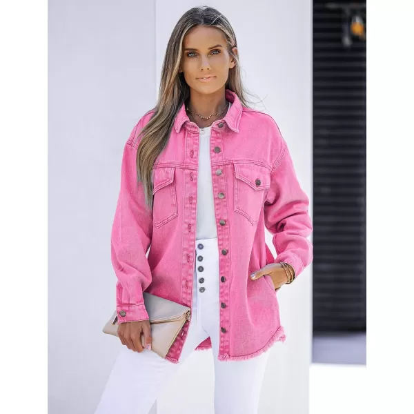 luvamia Denim Jacket for Women Oversized Button Down Casual Jean Shacket Jackets Long Sleeve Frayed Hem Western TrendyMagenta Pink