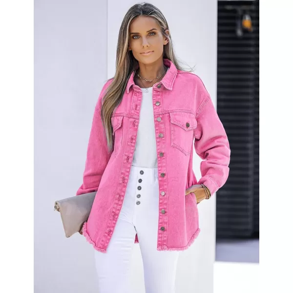 luvamia Denim Jacket for Women Oversized Button Down Casual Jean Shacket Jackets Long Sleeve Frayed Hem Western TrendyMagenta Pink