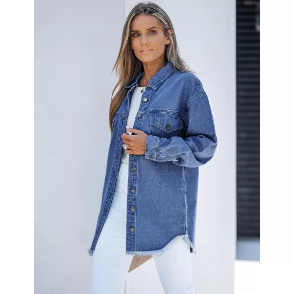 luvamia Denim Jacket for Women Oversized Button Down Casual Jean Shacket Jackets Long Sleeve Frayed Hem Western TrendyNightfall Blue