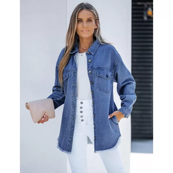 luvamia Denim Jacket for Women Oversized Button Down Casual Jean Shacket Jackets Long Sleeve Frayed Hem Western TrendyNightfall Blue