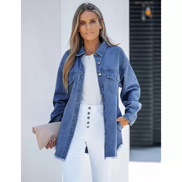 luvamia Denim Jacket for Women Oversized Button Down Casual Jean Shacket Jackets Long Sleeve Frayed Hem Western TrendyNightfall Blue