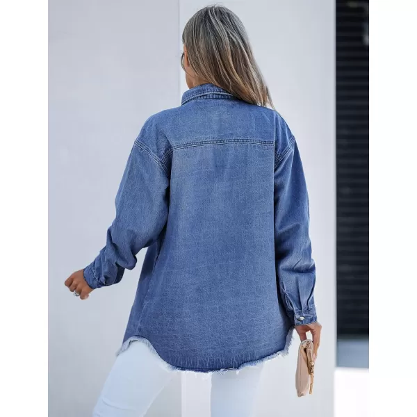 luvamia Denim Jacket for Women Oversized Button Down Casual Jean Shacket Jackets Long Sleeve Frayed Hem Western TrendyNightfall Blue