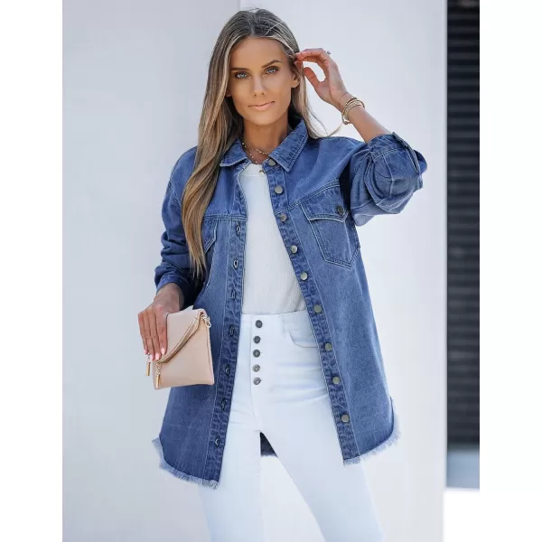 luvamia Denim Jacket for Women Oversized Button Down Casual Jean Shacket Jackets Long Sleeve Frayed Hem Western TrendyNightfall Blue