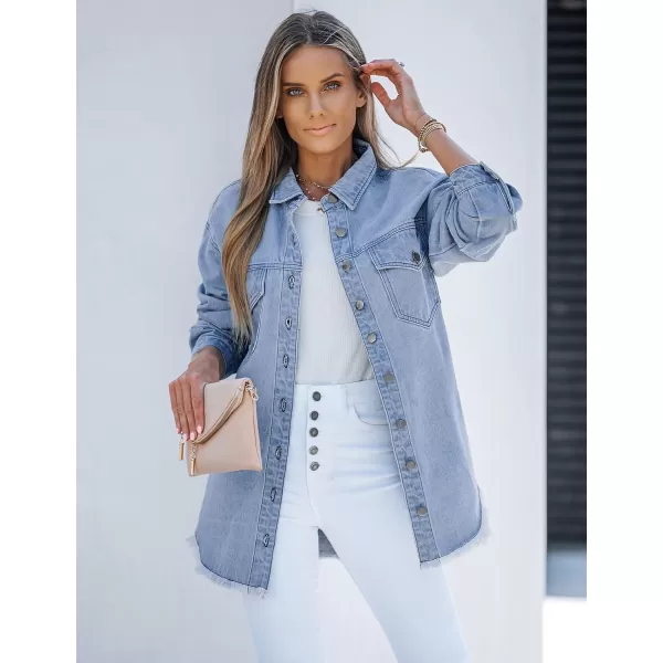 luvamia Denim Jacket for Women Oversized Button Down Casual Jean Shacket Jackets Long Sleeve Frayed Hem Western TrendyThousand Oceans Blue