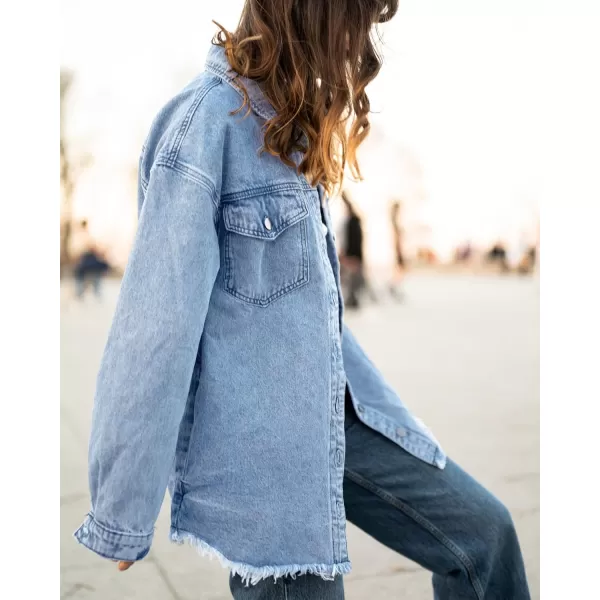 luvamia Denim Jacket for Women Oversized Button Down Casual Jean Shacket Jackets Long Sleeve Frayed Hem Western TrendyThousand Oceans Blue