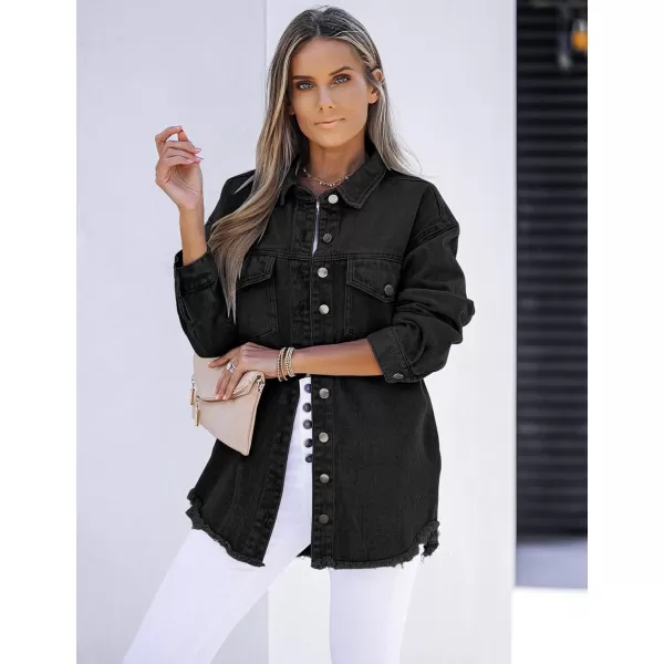 luvamia Denim Jacket for Women Oversized Button Down Casual Jean Shacket Jackets Long Sleeve Frayed Hem Western TrendyTrue Black