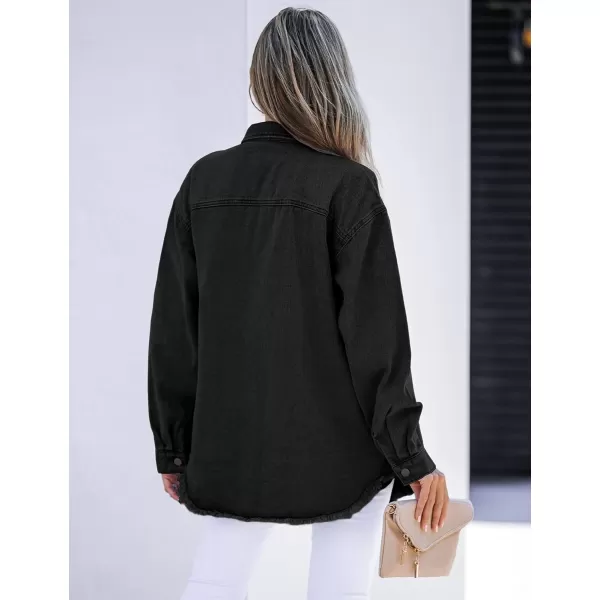 luvamia Denim Jacket for Women Oversized Button Down Casual Jean Shacket Jackets Long Sleeve Frayed Hem Western TrendyTrue Black