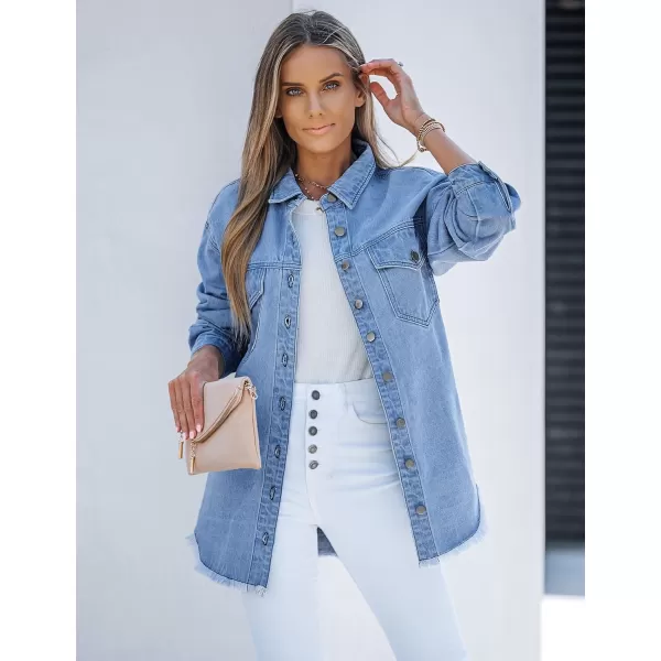 luvamia Denim Jacket for Women Oversized Button Down Casual Jean Shacket Jackets Long Sleeve Frayed Hem Western TrendyWave Blue