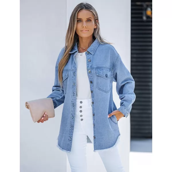 luvamia Denim Jacket for Women Oversized Button Down Casual Jean Shacket Jackets Long Sleeve Frayed Hem Western TrendyWave Blue