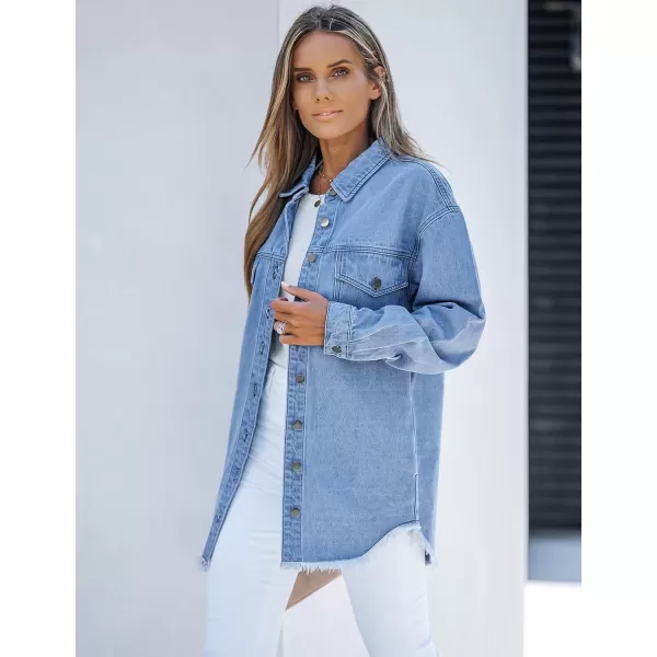 luvamia Denim Jacket for Women Oversized Button Down Casual Jean Shacket Jackets Long Sleeve Frayed Hem Western TrendyWave Blue