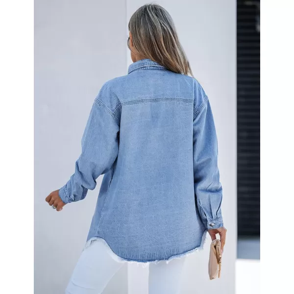 luvamia Denim Jacket for Women Oversized Button Down Casual Jean Shacket Jackets Long Sleeve Frayed Hem Western TrendyWave Blue