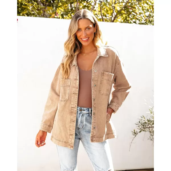 luvamia Denim Jacket for Women Trendy Oversized Button Down Jean Jacket Long Sleeve Slit Hem Shacket Jackets with PocketAlmond Brown