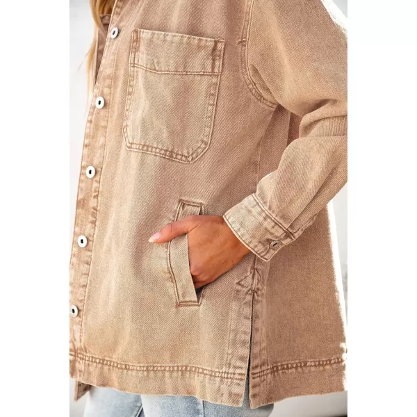 luvamia Denim Jacket for Women Trendy Oversized Button Down Jean Jacket Long Sleeve Slit Hem Shacket Jackets with PocketAlmond Brown