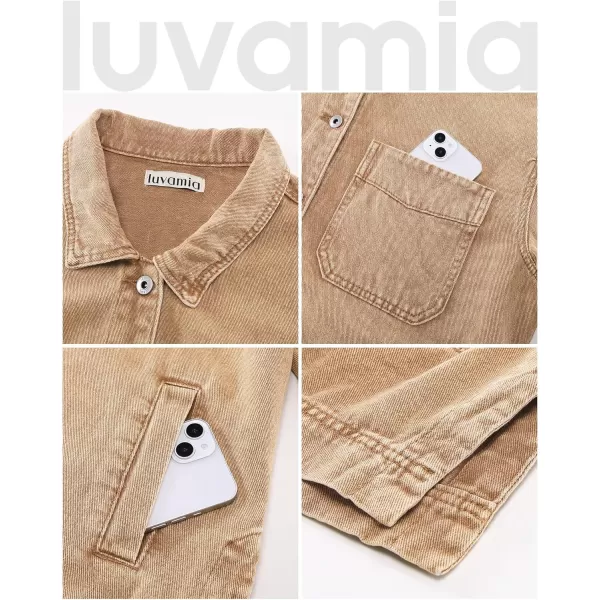 luvamia Denim Jacket for Women Trendy Oversized Button Down Jean Jacket Long Sleeve Slit Hem Shacket Jackets with PocketAlmond Brown