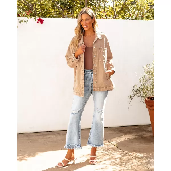 luvamia Denim Jacket for Women Trendy Oversized Button Down Jean Jacket Long Sleeve Slit Hem Shacket Jackets with PocketAlmond Brown