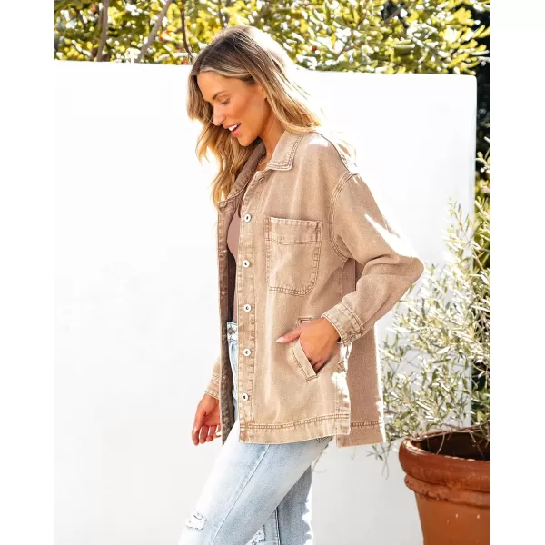 luvamia Denim Jacket for Women Trendy Oversized Button Down Jean Jacket Long Sleeve Slit Hem Shacket Jackets with PocketAlmond Brown