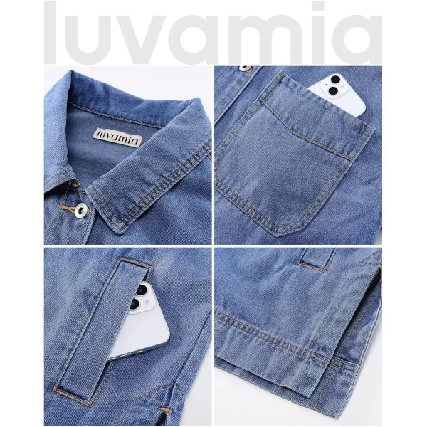 luvamia Denim Jacket for Women Trendy Oversized Button Down Jean Jacket Long Sleeve Slit Hem Shacket Jackets with PocketClassic Blue