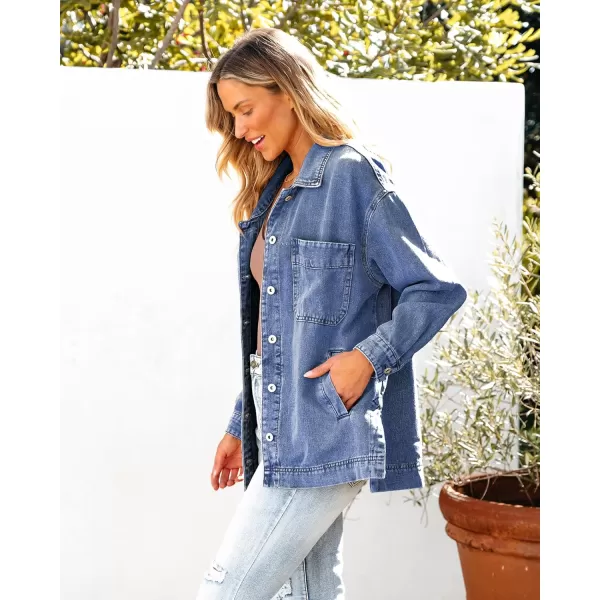 luvamia Denim Jacket for Women Trendy Oversized Button Down Jean Jacket Long Sleeve Slit Hem Shacket Jackets with PocketClassic Blue