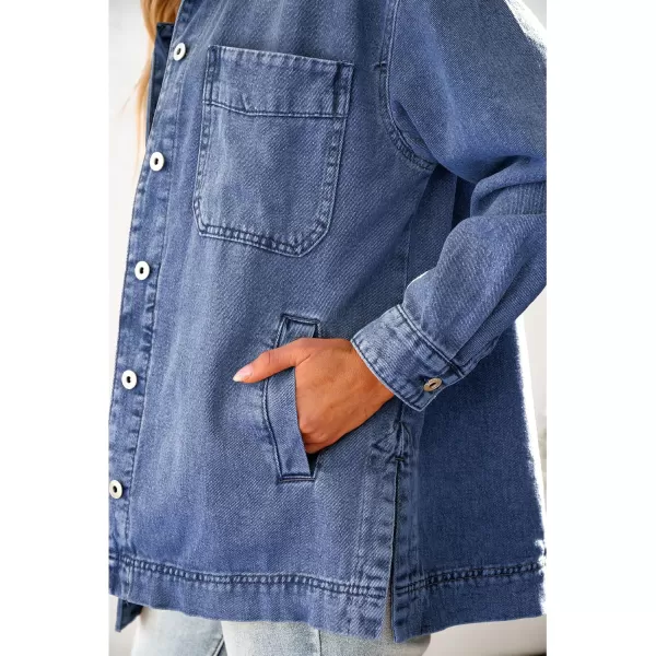 luvamia Denim Jacket for Women Trendy Oversized Button Down Jean Jacket Long Sleeve Slit Hem Shacket Jackets with PocketClassic Blue