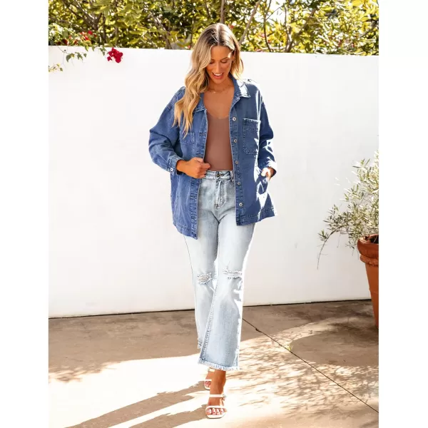 luvamia Denim Jacket for Women Trendy Oversized Button Down Jean Jacket Long Sleeve Slit Hem Shacket Jackets with PocketClassic Blue