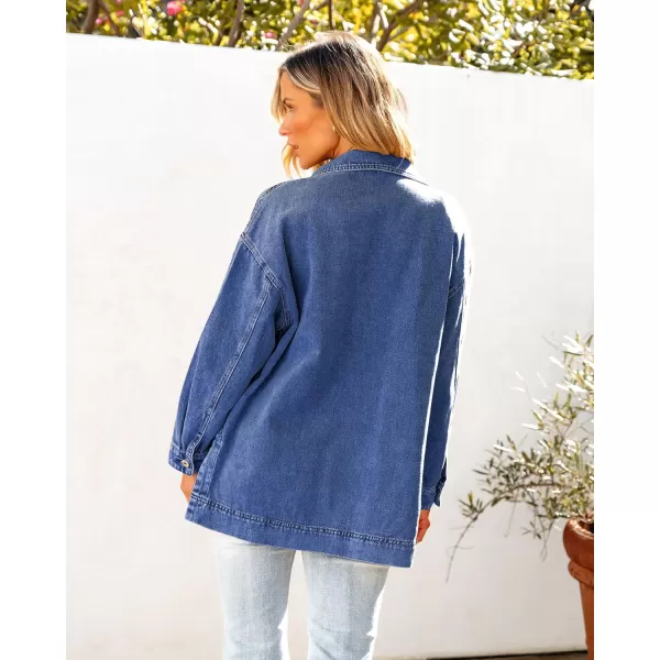 luvamia Denim Jacket for Women Trendy Oversized Button Down Jean Jacket Long Sleeve Slit Hem Shacket Jackets with PocketClassic Blue