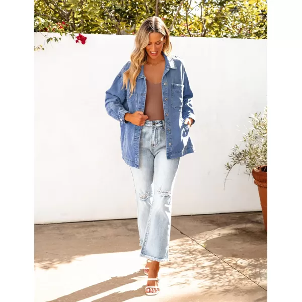 luvamia Denim Jacket for Women Trendy Oversized Button Down Jean Jacket Long Sleeve Slit Hem Shacket Jackets with PocketLapis Blue