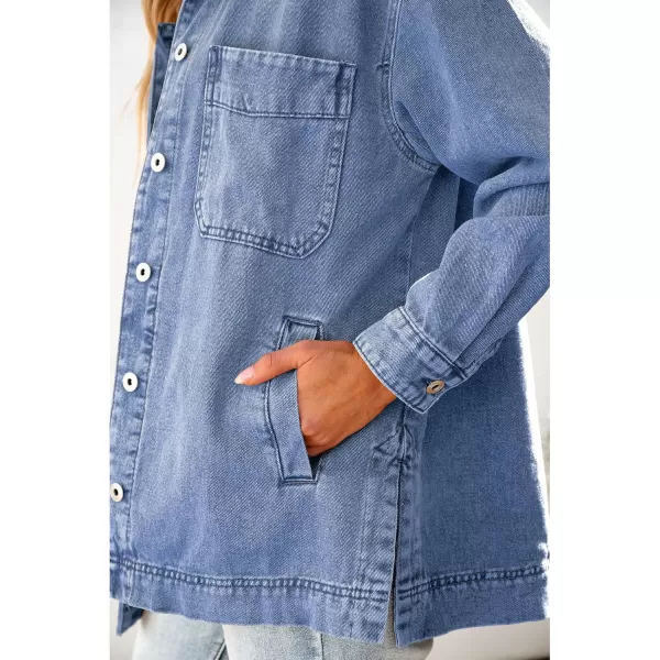 luvamia Denim Jacket for Women Trendy Oversized Button Down Jean Jacket Long Sleeve Slit Hem Shacket Jackets with PocketLapis Blue