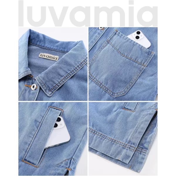 luvamia Denim Jacket for Women Trendy Oversized Button Down Jean Jacket Long Sleeve Slit Hem Shacket Jackets with PocketLapis Blue