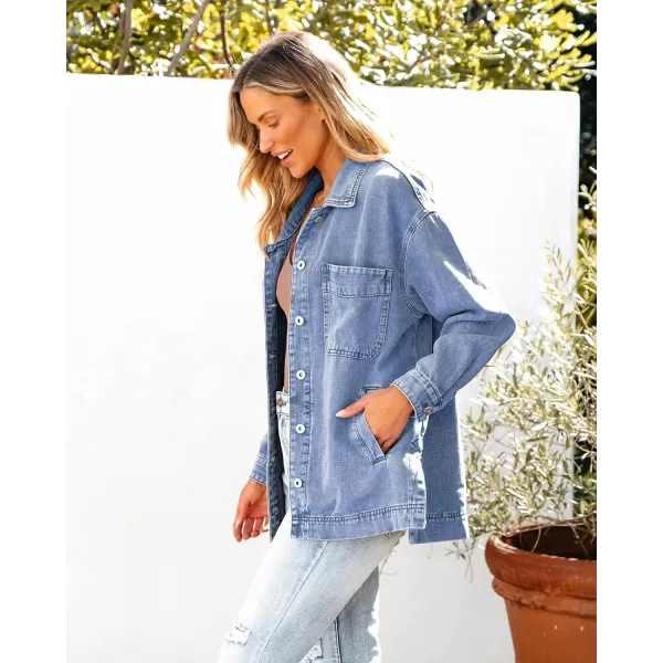 luvamia Denim Jacket for Women Trendy Oversized Button Down Jean Jacket Long Sleeve Slit Hem Shacket Jackets with PocketLapis Blue