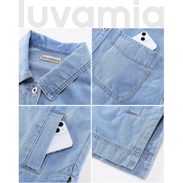 luvamia Denim Jacket for Women Trendy Oversized Button Down Jean Jacket Long Sleeve Slit Hem Shacket Jackets with PocketMedium Blue