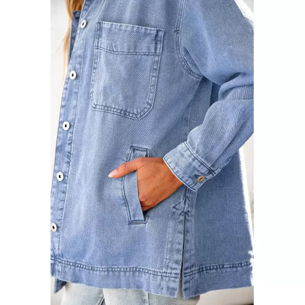 luvamia Denim Jacket for Women Trendy Oversized Button Down Jean Jacket Long Sleeve Slit Hem Shacket Jackets with PocketMedium Blue