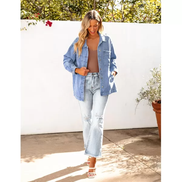 luvamia Denim Jacket for Women Trendy Oversized Button Down Jean Jacket Long Sleeve Slit Hem Shacket Jackets with PocketMedium Blue