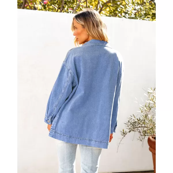 luvamia Denim Jacket for Women Trendy Oversized Button Down Jean Jacket Long Sleeve Slit Hem Shacket Jackets with PocketMedium Blue