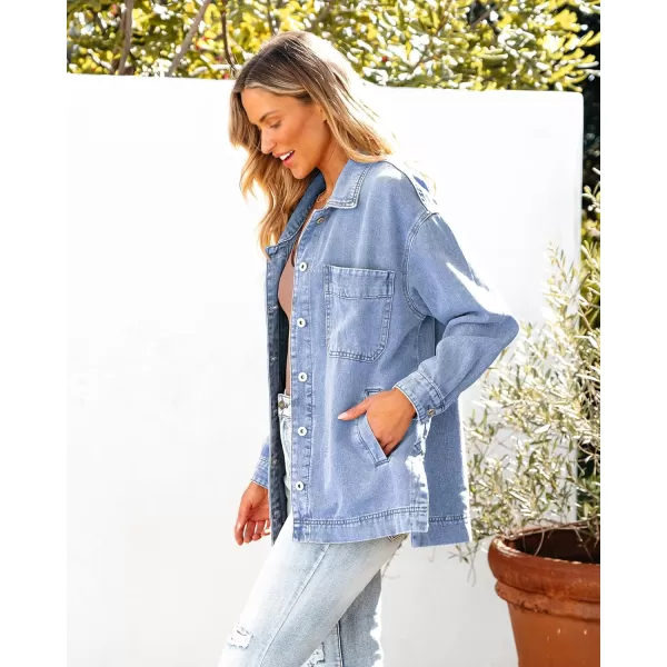 luvamia Denim Jacket for Women Trendy Oversized Button Down Jean Jacket Long Sleeve Slit Hem Shacket Jackets with PocketMedium Blue